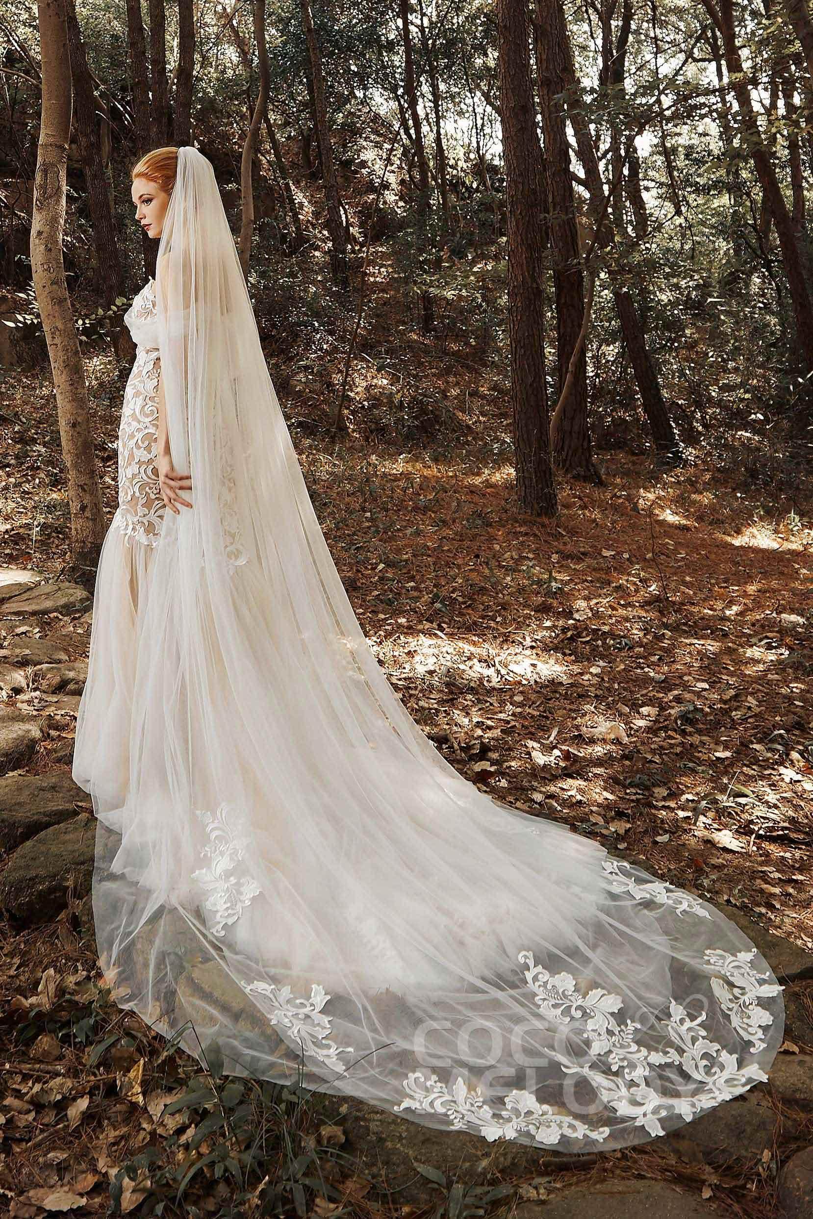 One-tier Cut Edge Tulle Cathedral Veils Appliques CV0186 - COCOMELODY